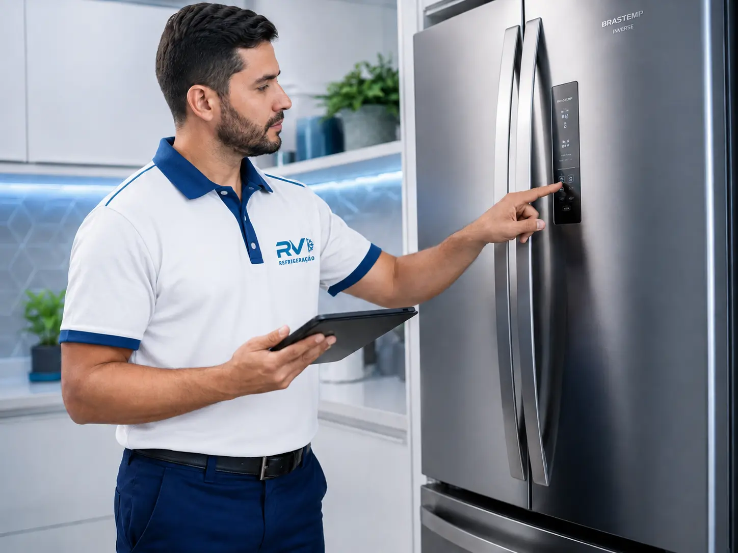 Técnico da RV Refrigeração avaliando geladeira moderna em Gravataí e Cachoeirinha